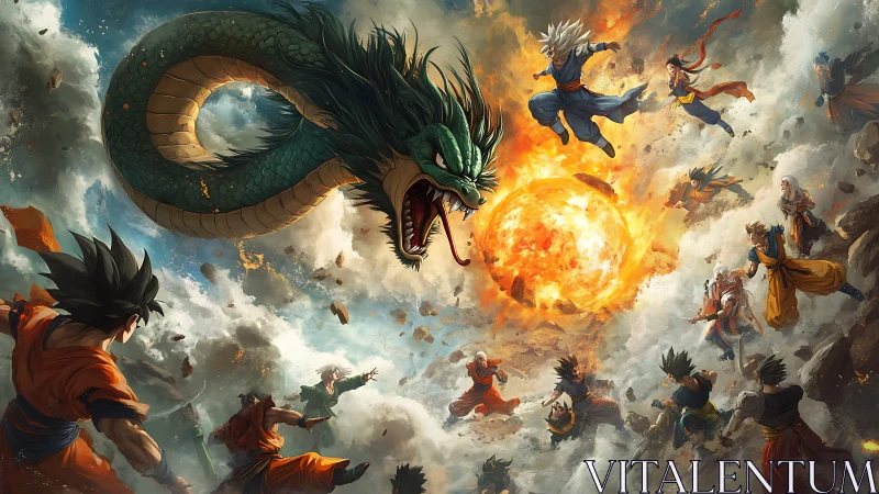 Mythic dragon dominates chaotic anime sky battle scene