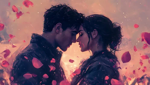 Two figures in profile with rose petals and warm luminescence.