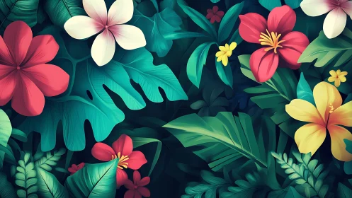 Tropical Flowers and Monstera Leaves Against Dark Backdrop.