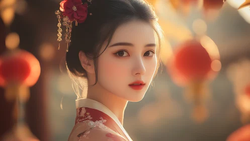 Elegant woman in traditional dress with lanterns at dusk.