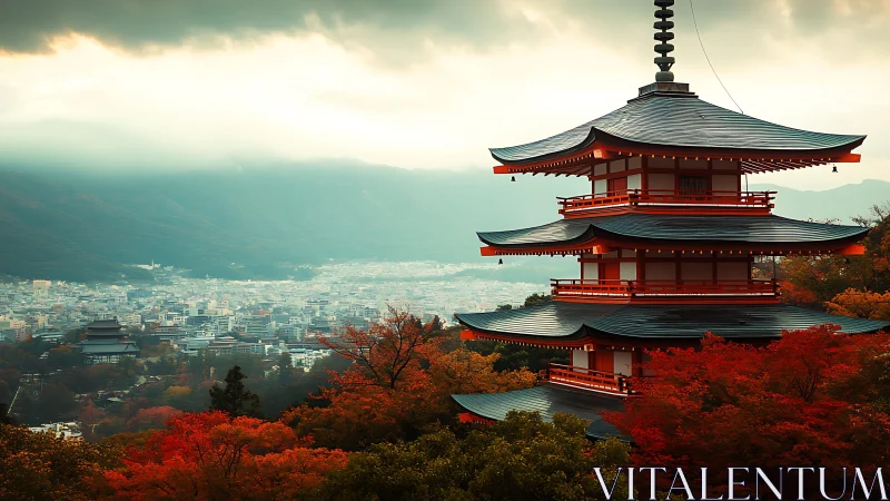 Tiered pagoda overlooking urban valley with autumn foliage.