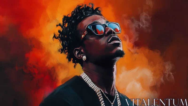 Portrait of stylish man in sunglasses amid fiery bokeh clouds.