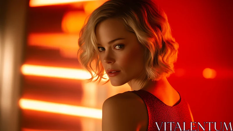 Cinematic portrait of woman in neon red backlit environment