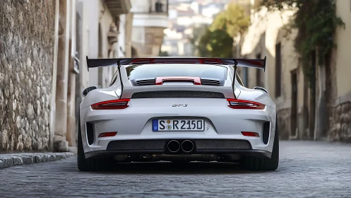 White GT3 RS race car stands stationary in a narrow street