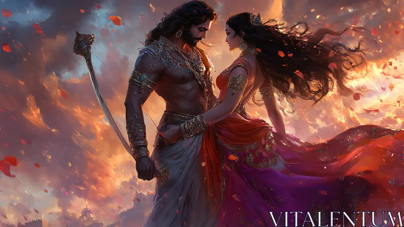 Stormlit warrior lovers entwine in petals and prophecy.