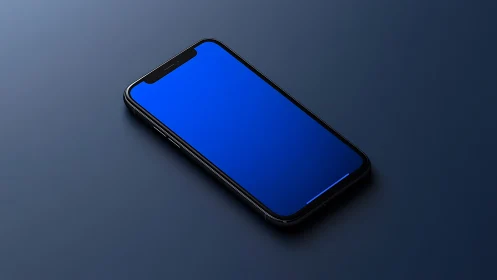 Black smartphone with blue screen displayed on gray surface