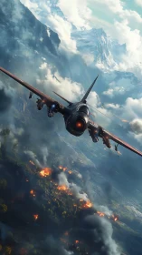 Jet aircraft attacks burning valley beneath dramatic clouds