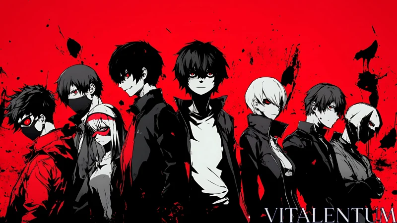 Dark anime squad stands against blood-red splattered sky.
