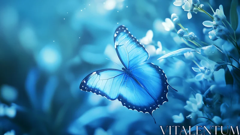 Luminous blue butterfly drifts through glowing floral haze.
