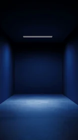 Minimalist blue room with linear ceiling light architecture.