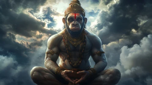 Monkey-headed deity sits cross-legged amid dramatic clouds