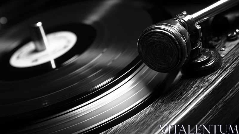 Close-up monochrome view of a vinyl record on turntable.