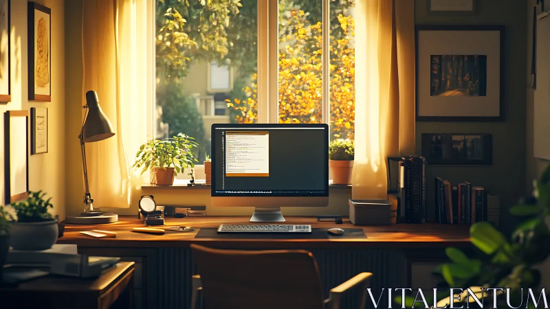 Ergonomic coding workstation in sunlit, biophilic home office.