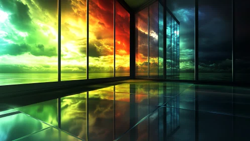 Prismatic horizon through architectural glass plane reflections.