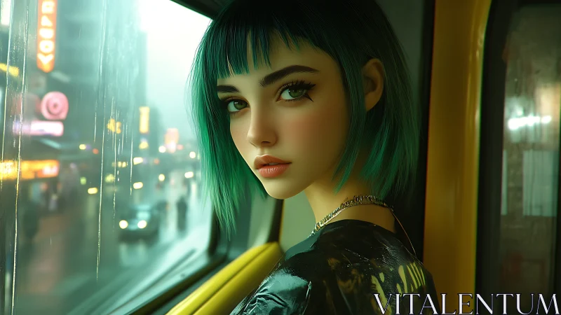 Green haired woman on night city train, reflective mood.