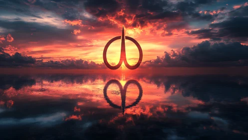 Surreal metallic loop rises over blazing ocean sunset.