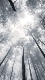 Timber Cathedral: Upward Reverie Through Misty Pines.