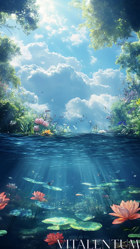 Sunlit forest pond split view with lotus and clouds.