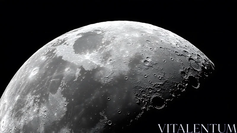 Detailed lunar surface close-up in stark monochrome orbit.