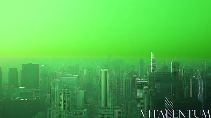 Dense modern city skyline extends beneath uniform green haze