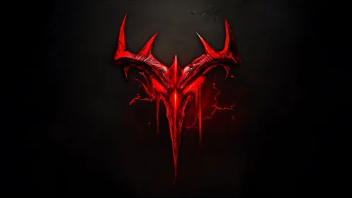 Demonic red emblem bleeds from darkness in fiery glow.