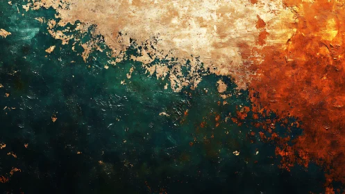 Abstract textured painting with teal, gold, and orange tones.