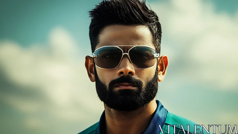 Confident bearded man in sunglasses under a soft sky.