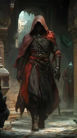 Mysterious hooded wanderer strolling an ancient sunlit street.