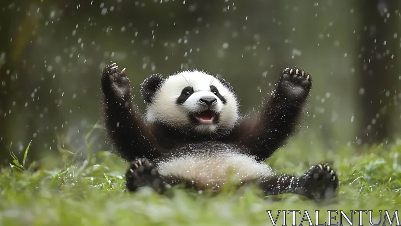 Playful baby panda delighting in a joyful rainy-day romp.