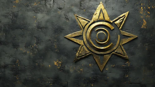 Gilded copyright sun emblem carves light into weathered stone