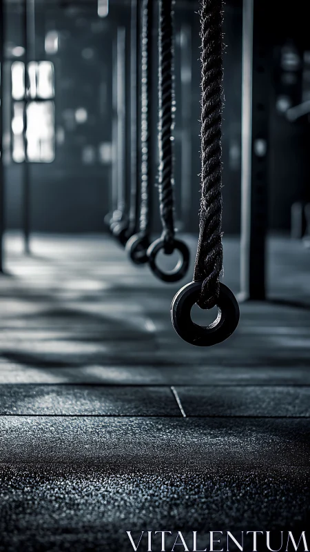 Quiet gym ropes waiting for focused strength and movement.