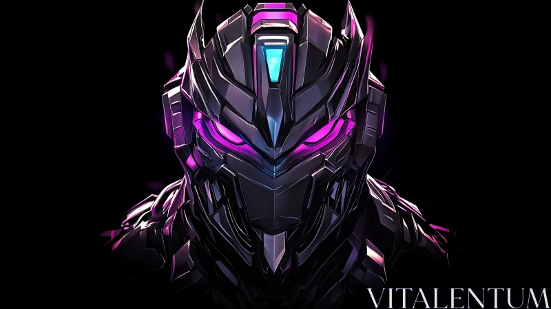Cybernetic warrior portrait with neon visor and glow.