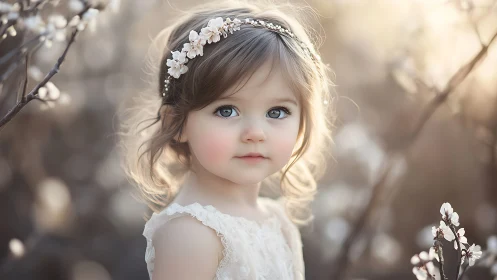 Young girl with floral crown in spring blossoms.
