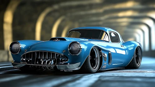 Sleek blue custom sports car glows under a cinematic tunnel light