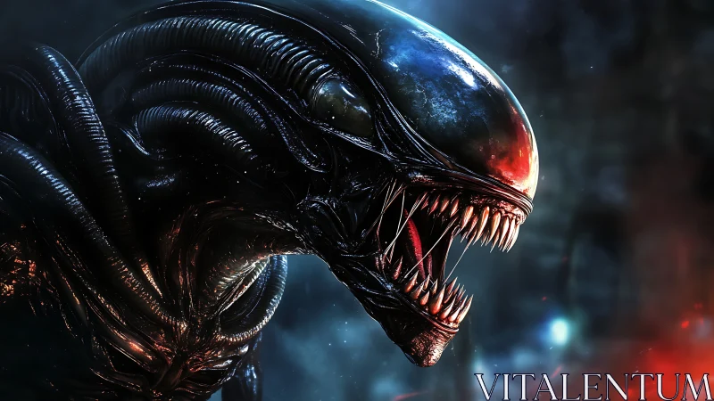 Biomechanical alien predator roars under cold cosmic light.