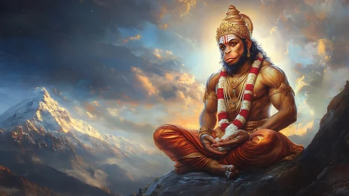 Hanuman meditates on mountain ledge beneath glowing sky
