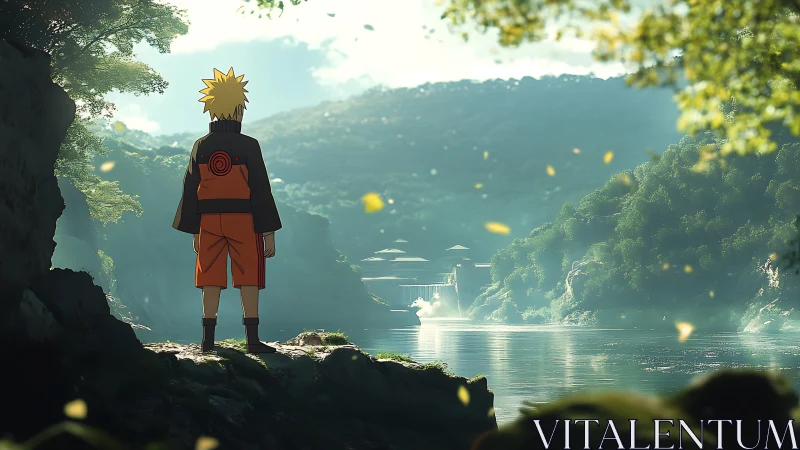 Backlit shinobi silhouette surveying luminous river valley.