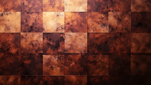 Tiled metallic surface shows uniform grid with mottled patina