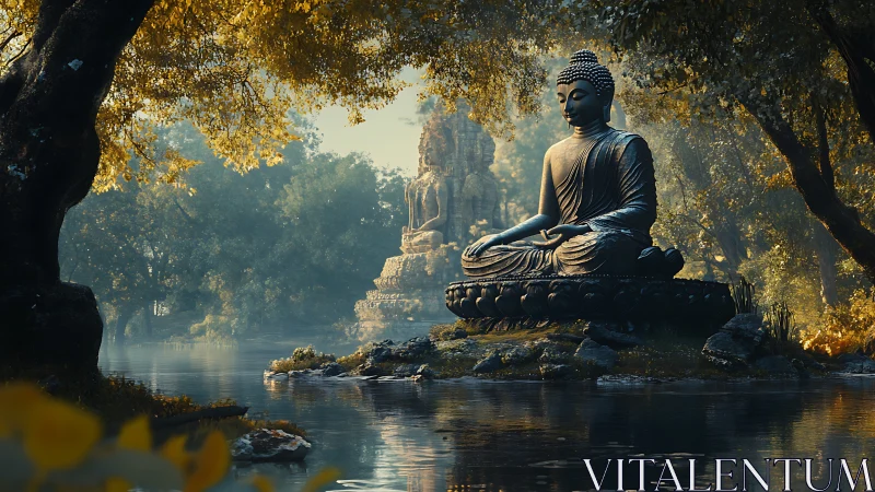Meditating Buddha statue by reflective forest river bank.