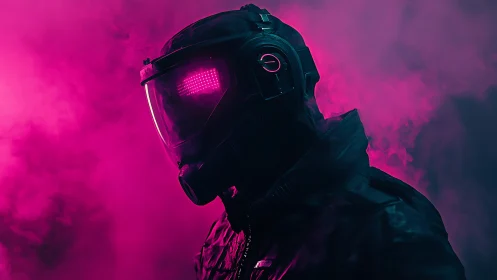Futuristic helmeted figure in pink neon smoke scene.