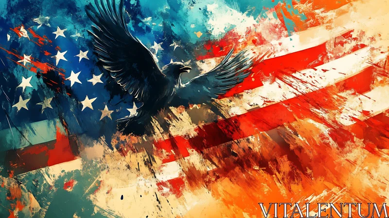 Soaring eagle over a bold, blazing American flag sky.
