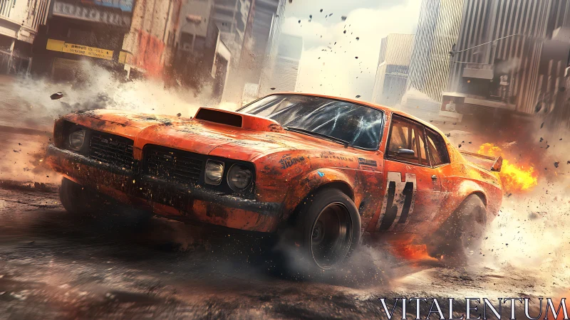 Orange muscle car drifts through exploding city street.