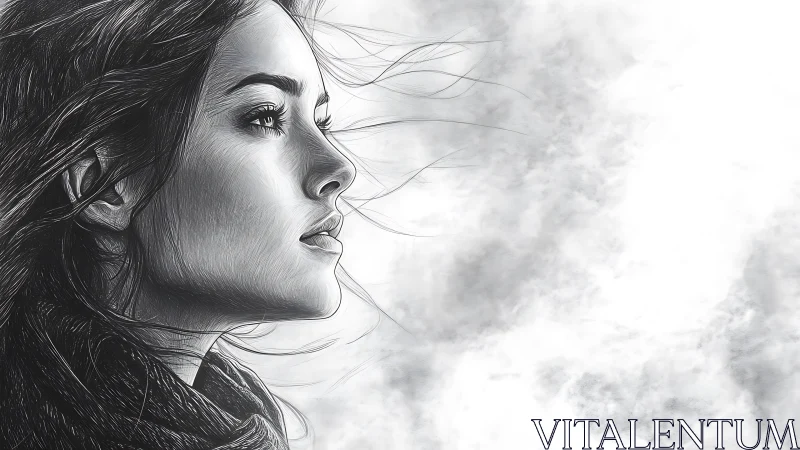 Monochrome side portrait renders wind-swept female profile