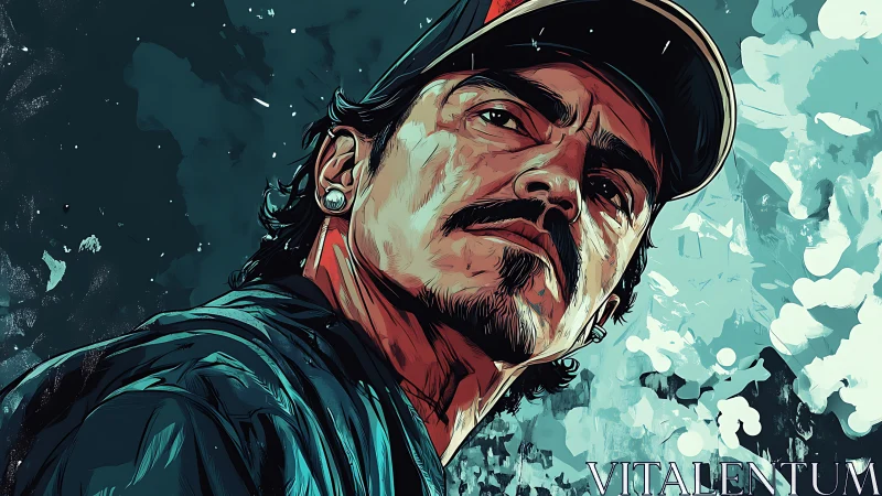 Male figure in cap rendered in stylized digital portrait.