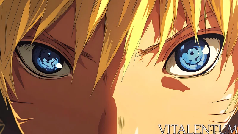Close-up of blond anime face with detailed blue eyes.