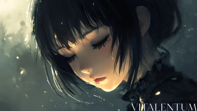 Melancholic girl in golden backlight, tear-streaked portrait.