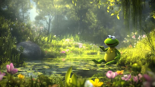 Cheerful pond sitter turns a forest glade into storytime