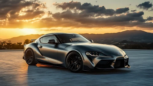 Sleek sports coupe stands against a glowing mountain sunset.