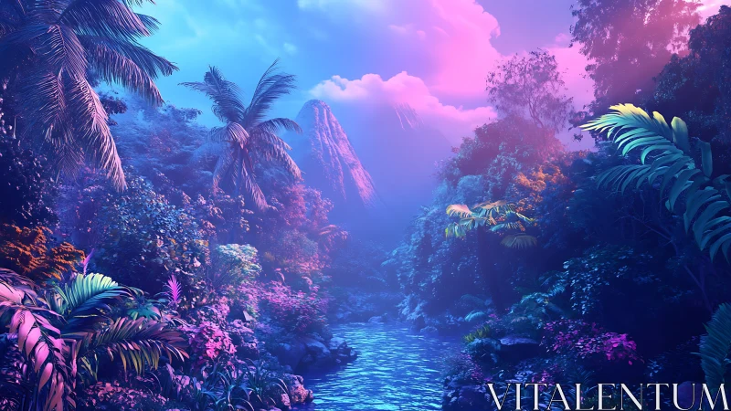 Dreamy tropical river glowing under neon twilight skies.