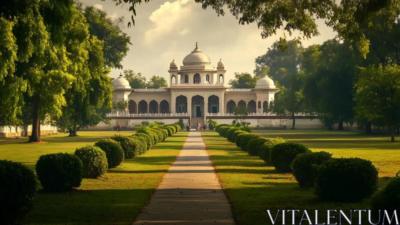 Symmetrical Mughal-style pavilion framed by axial garden path